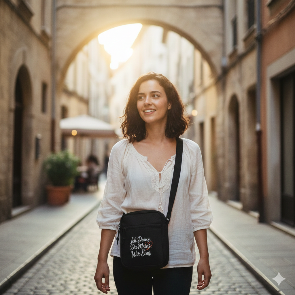 Lächelnde Frau in sonniger Altstadt mit schwarzer „Wir Eins“ Umhängetasche, warmes Licht, emotionaler Lifestyle-Vibe