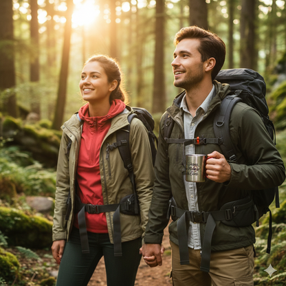 Paar beim Wandern im Wald mit „Wir Eins“ Edelstahl-Karabiner-Tasse, warmes Sonnenlicht, Abenteuer-Vibe
