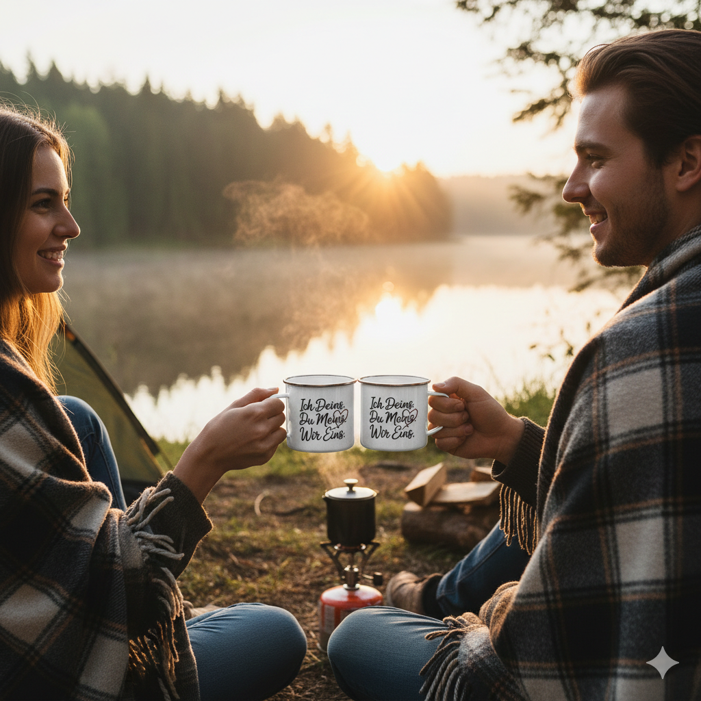 Weiße Emaille-Tasse mit „Wir Eins“ Schriftzug im Sonnenlicht, herbstlicher Outdoor-Lifestyle-Vibe