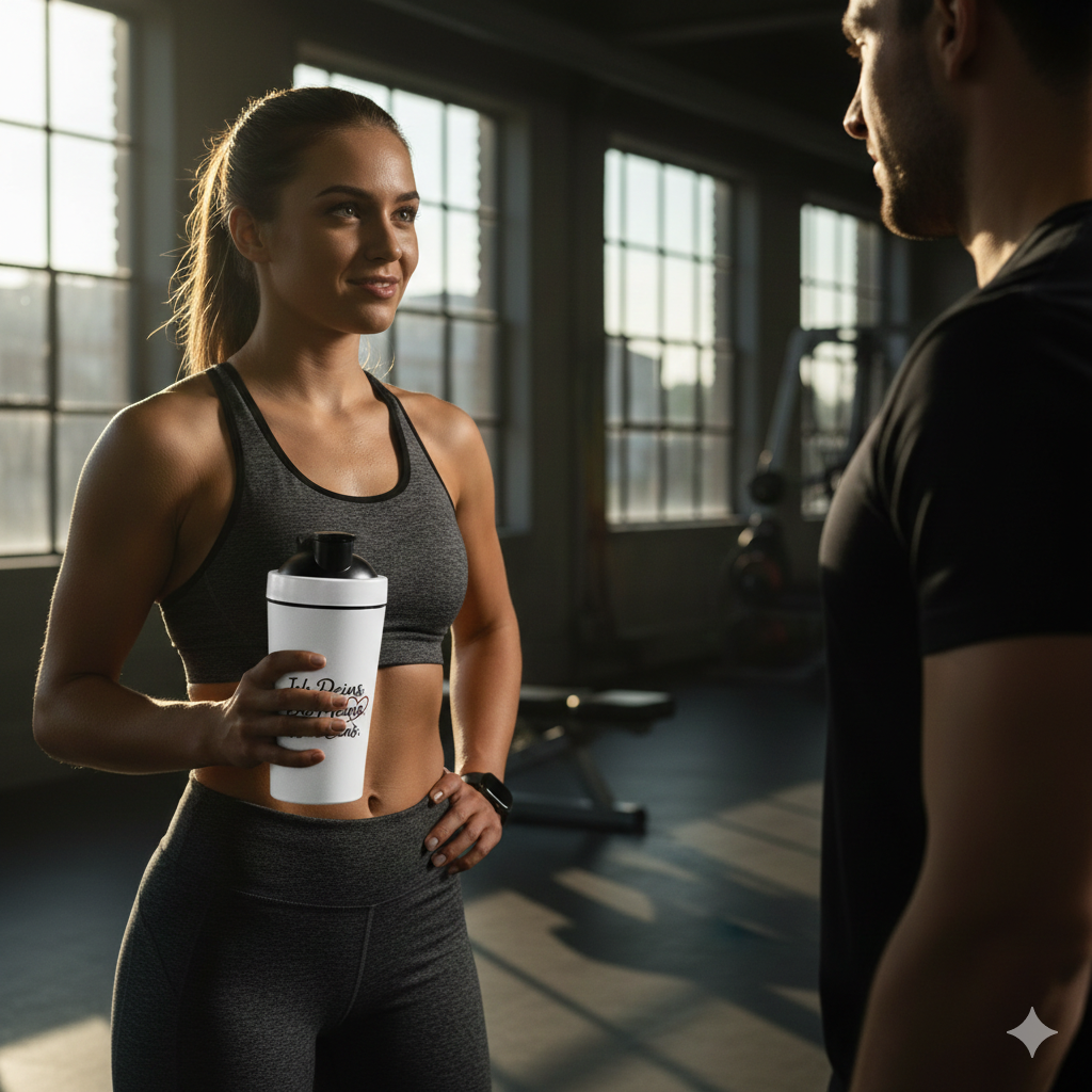 Weißer Fitness-Shaker mit „Wir Eins“ Schriftzug im sonnigen Park, sportliches Lifestyle-Mockup