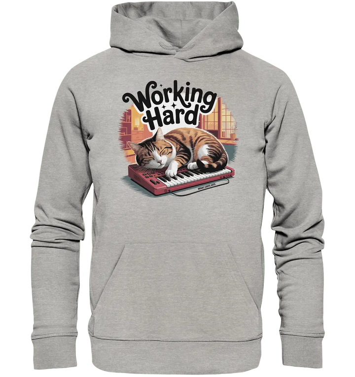 Working Hard – Schlafender Kater auf Tastatur - Organic Hoodie - Bright Lights Arts