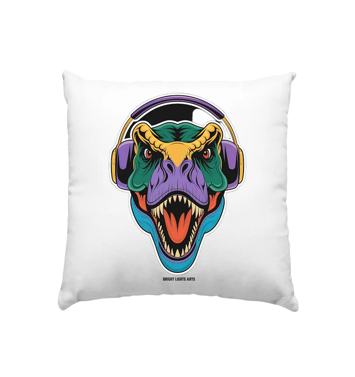Wütender T-Rex mit Kopfhörern – Dinosaurier Design - Kissen 40x40cm Bright Lights Arts