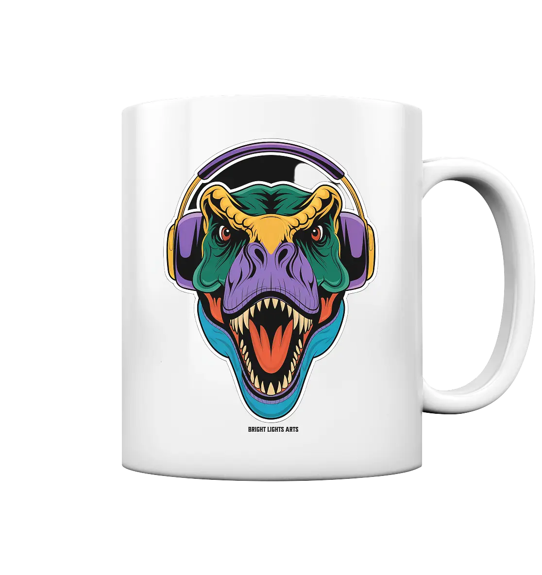 Wütender T-Rex mit Kopfhörern – Dinosaurier Design - Tasse glossy Bright Lights Arts