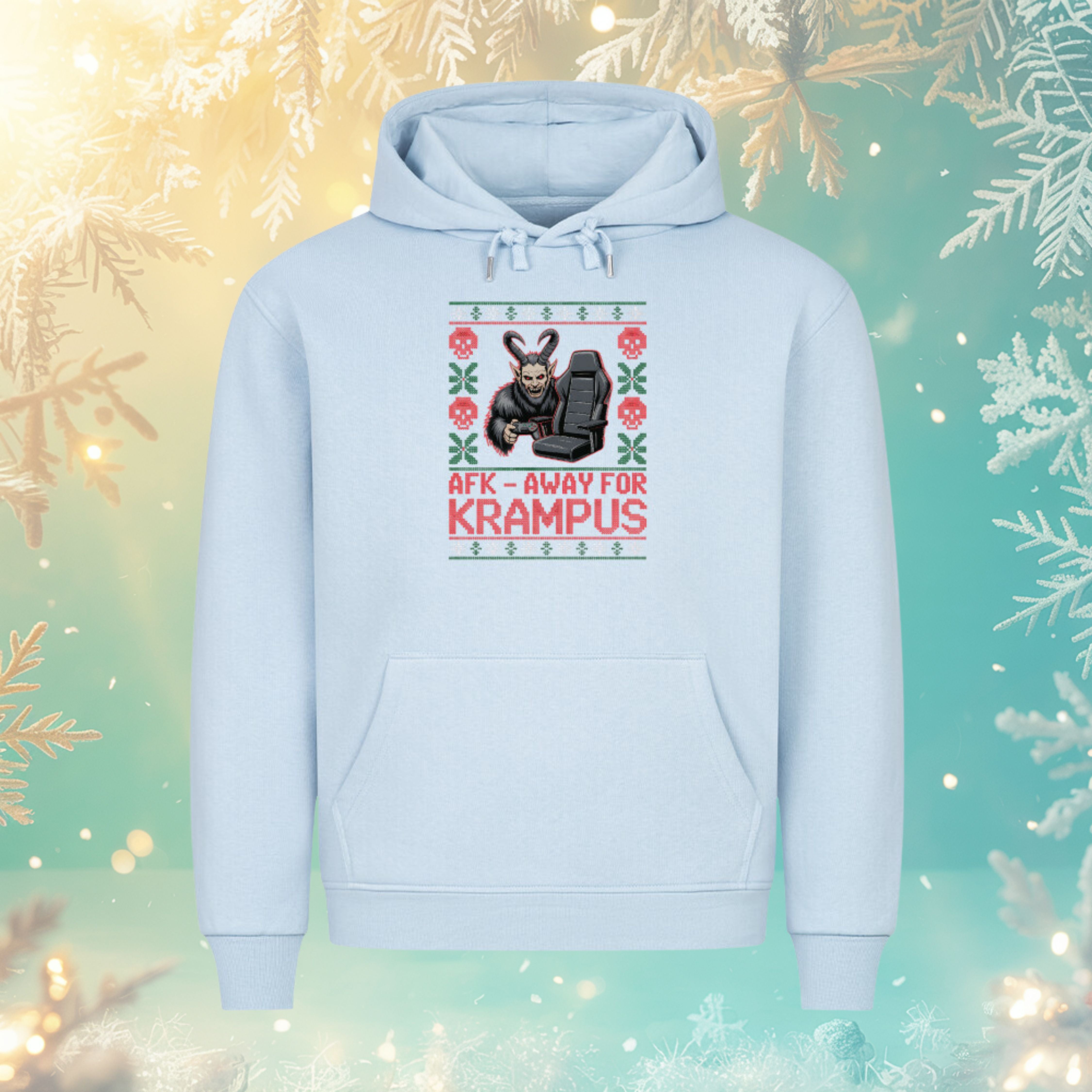 Away for Krampus Hoodie – Babyblau – Bright Light Arts, lustiges Gaming-Weihnachtsdesign