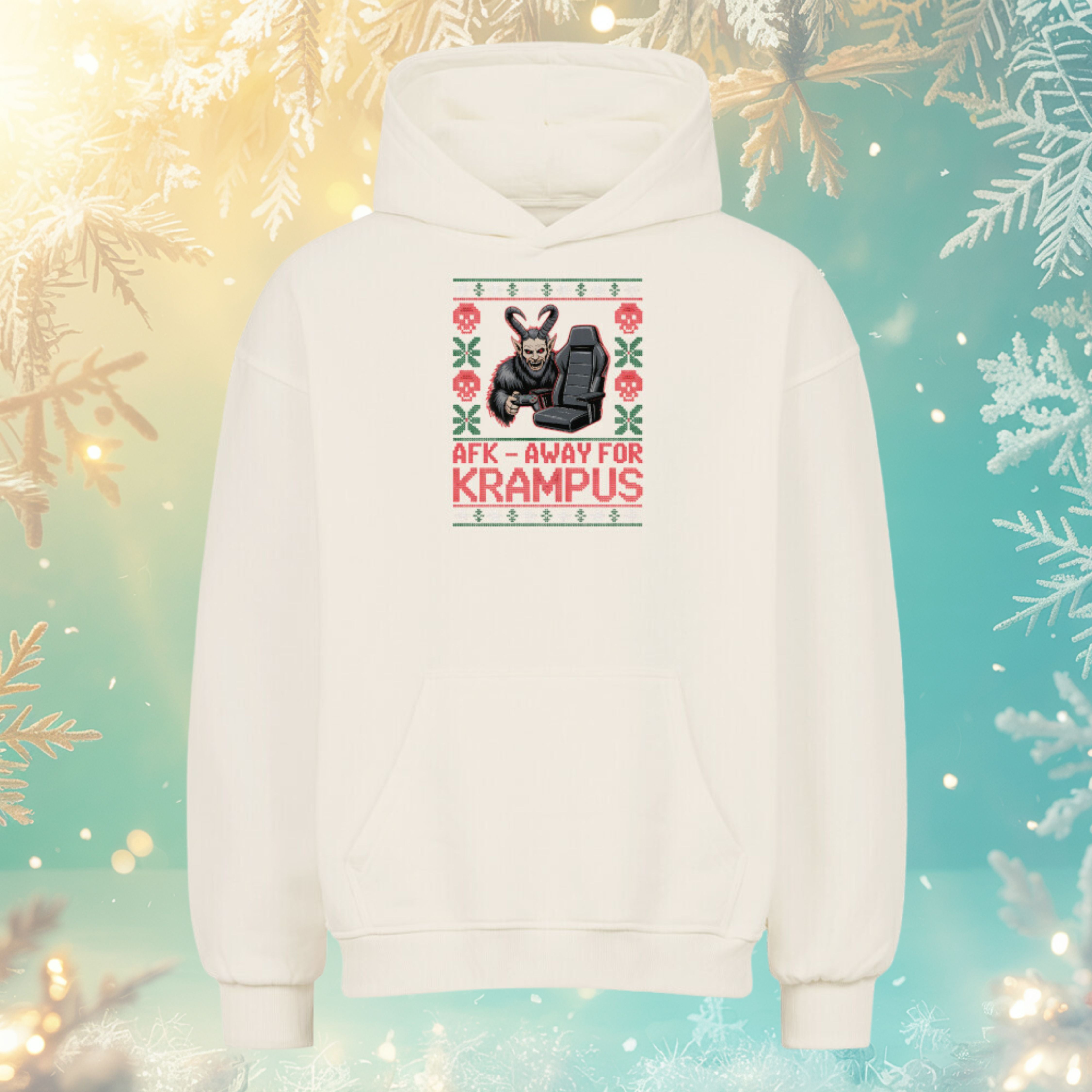 AFK – Away for Krampus Oversized Hoodie – Beige – Bright Light Arts, lustiges Gaming-Weihnachtsdesign