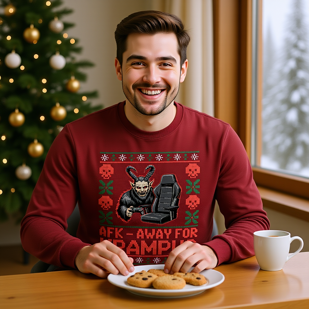 AFK – Away for Krampus Sweatshirt in natürlichem Winterlicht – Bright Light Arts, nachhaltiges Weihnachtsdesign