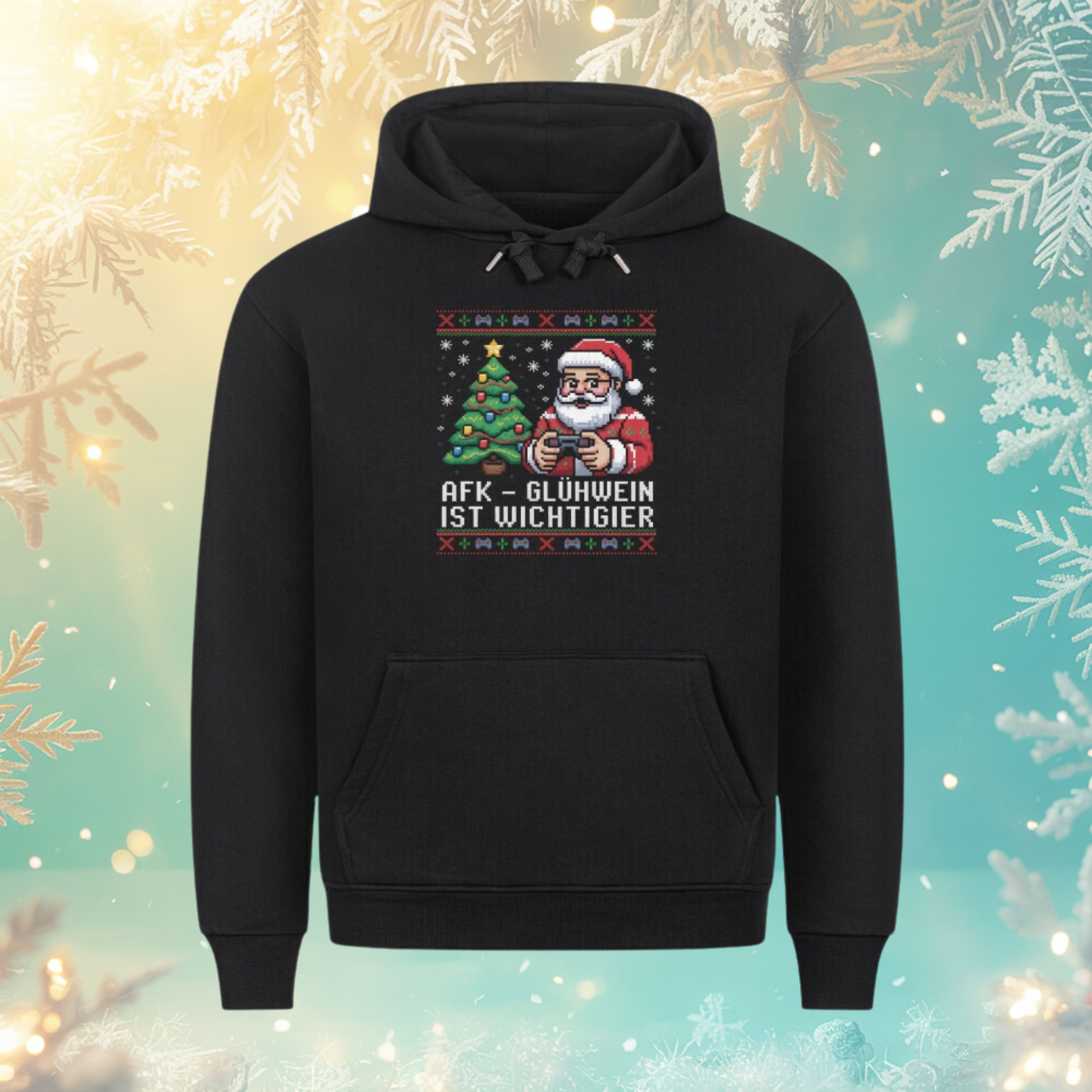 AFK – Glühwein ist wichtiger Hoodie – Schwarz – Bright Light Arts, lustiger Weihnachts-Hoodie mit Gaming-Santa
