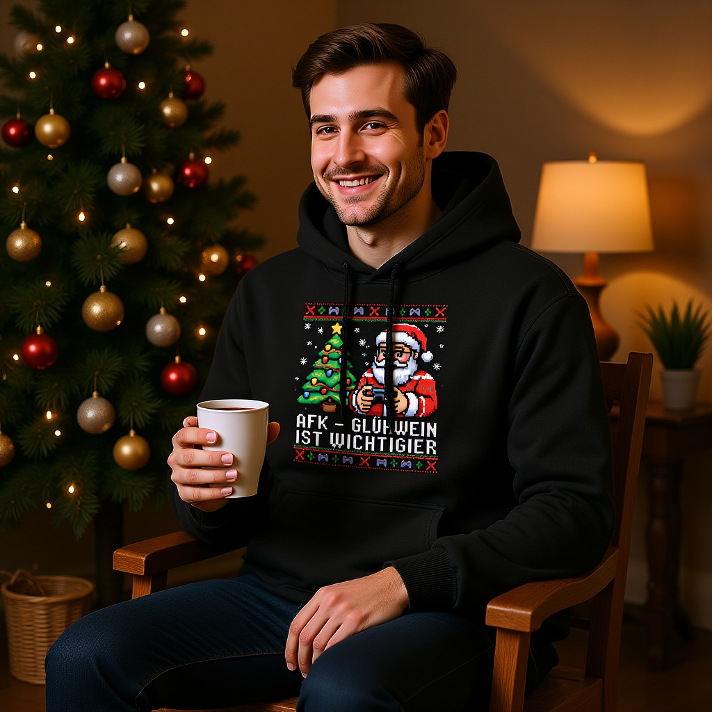 AFK – Glühwein ist wichtiger Oversized Hoodie neben Weihnachtsbaum mit Glühweinbecher – Bright Light Arts, humorvolles Weihnachtsdesign für Gamer