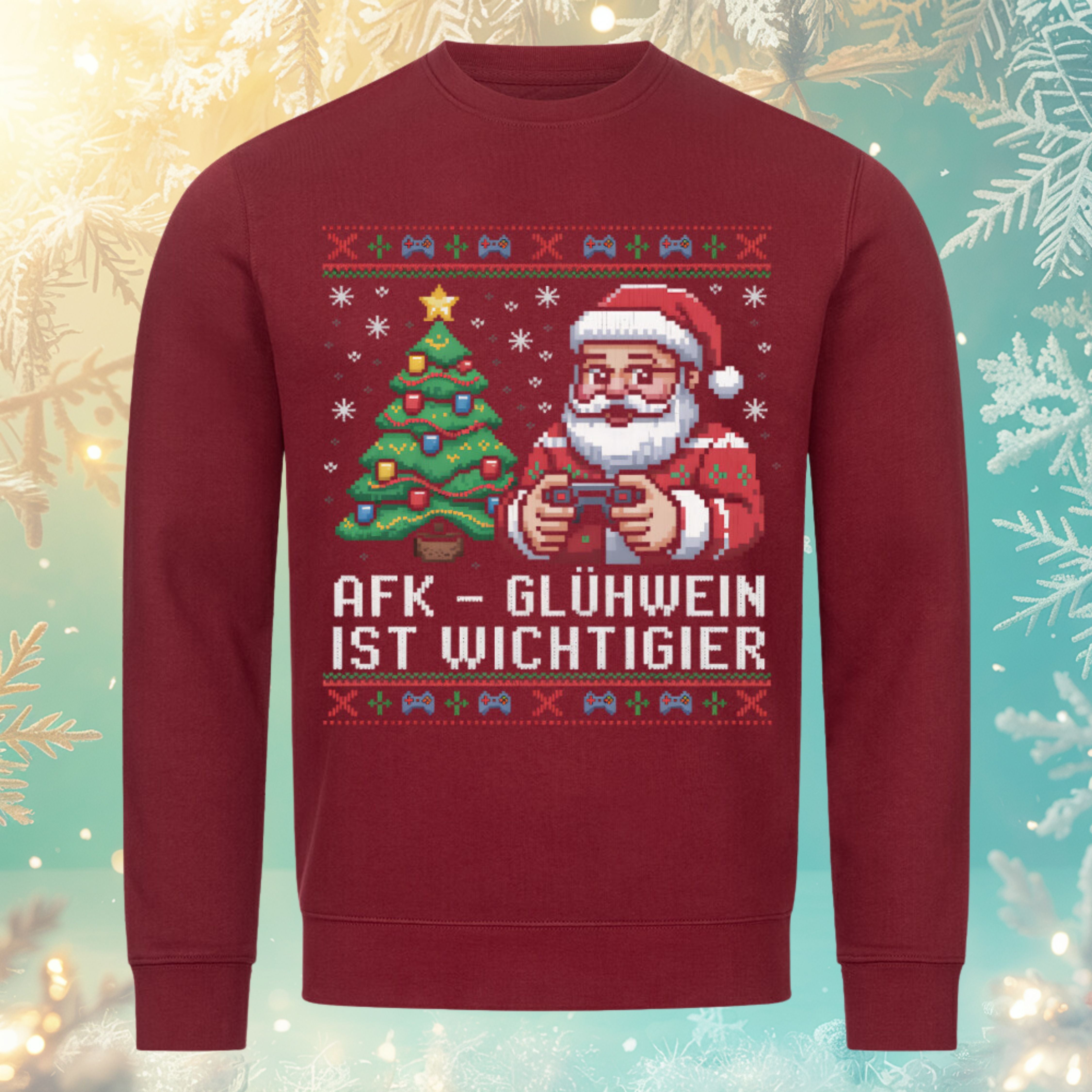 AFK – Glühwein ist wichtiger Sweatshirt – Burgunder – Bright Light Arts, nachhaltiges Weihnachtsdesign für Gamer