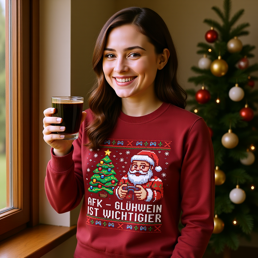 AFK – Glühwein ist wichtiger Sweatshirt am Fenster mit Glühwein – Bright Light Arts, nachhaltiger Weihnachtshumor für Gamer