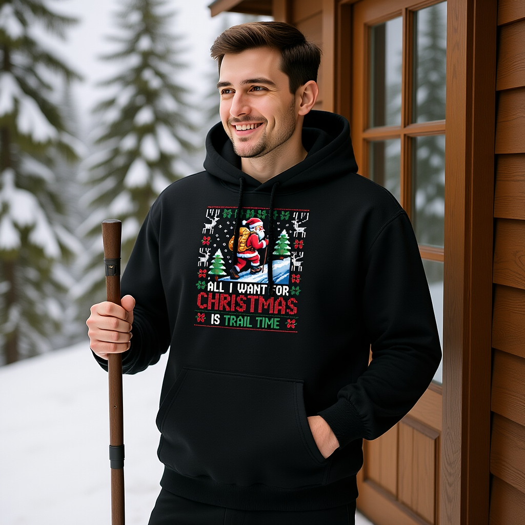 All I Want for Christmas is Trail Time Oversized Hoodie in Berghütte mit Schneewald – Bright Light Arts, festliches Outdoor-Weihnachtsdesign