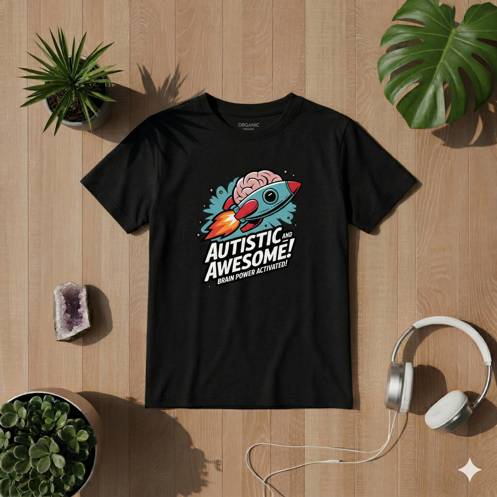 Draufsicht auf ein schwarzes Kinder-T-Shirt aus Bio-Baumwolle, das flach auf einer Holzoberfläche liegt. Auf der Brust ist eine bunte Grafik einer Comic-Rakete mit einem rosa Gehirn an der Spitze gedruckt. Darunter steht der Text "AUTISTIC AND AWESOME!" und kleiner darunter "BRAIN POWER ACTIVATED!". Das Shirt ist umgeben von verschiedenen Gegenständen: oben links eine Topfpflanze, oben rechts ein Monstera-Blatt, unten links eine Amethyst-Geode und Sukkulenten, unten rechts weiße Kopfhörer. Das Innenetikett 