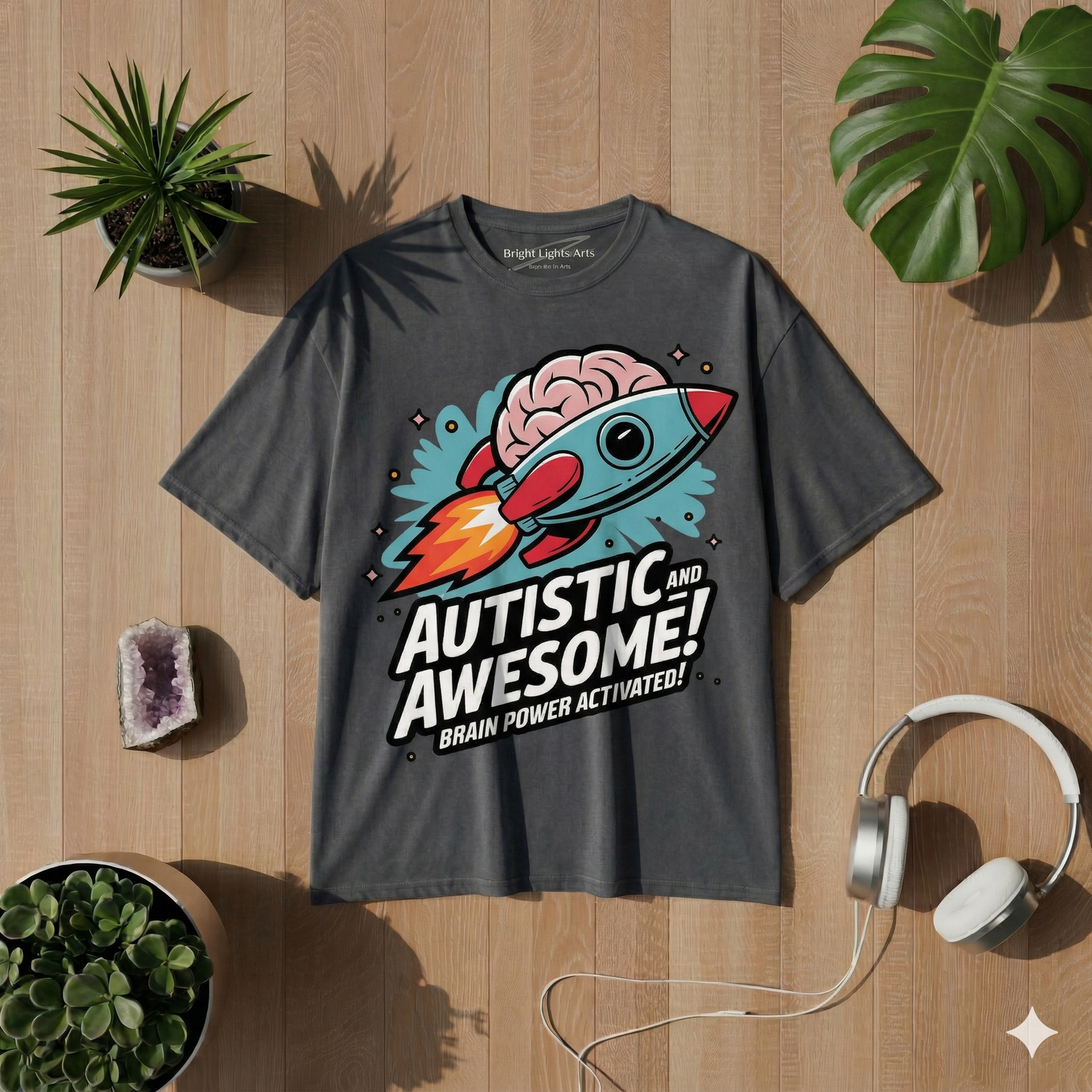 Ein von oben fotografiertes Flat-Lay-T-Shirt-Mockup auf einer Holzoberfläche. Im Zentrum liegt ein dunkelgraues, gewaschenes T-Shirt mit dem Grafikdruck einer Cartoon-Rakete, deren Spitze ein menschliches Gehirn bildet. Darunter steht der Text "AUTISTIC AND AWESOME!" in kräftigen, weißen und blauen Buchstaben, gefolgt von der kleineren Zeile "BRAIN POWER ACTIVATED!". Um das T-Shirt herum sind verschiedene Requisiten angeordnet: oben links eine Schlangenpflanze im Topf, oben rechts ein Monstera-Blatt, unten 
