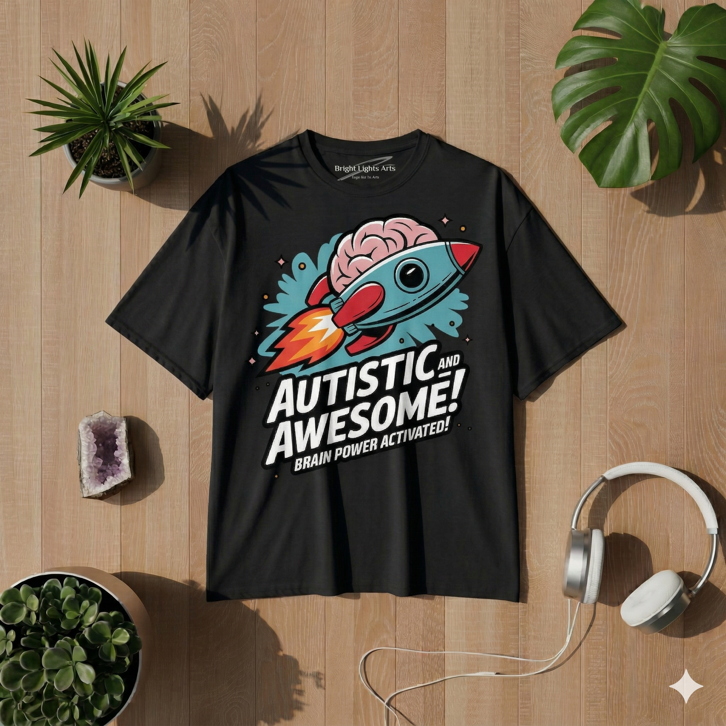 Draufsicht auf ein schwarzes Oversized-T-Shirt, das flach auf einer Holzoberfläche liegt. Auf der Brust befindet sich ein farbenfroher Grafikdruck im Comic-Stil, der eine hellblaue Rakete mit einem rosa Gehirn an der Spitze zeigt. Darunter steht in fetten weißen Großbuchstaben der Text "AUTISTIC AND AWESOME!" und kleiner darunter "BRAIN POWER ACTIVATED!". Das T-Shirt ist von verschiedenen Requisiten umgeben: Oben links eine Topfpflanze, unten links Sukkulenten und ein violetter Kristallstein, rechts ein wei