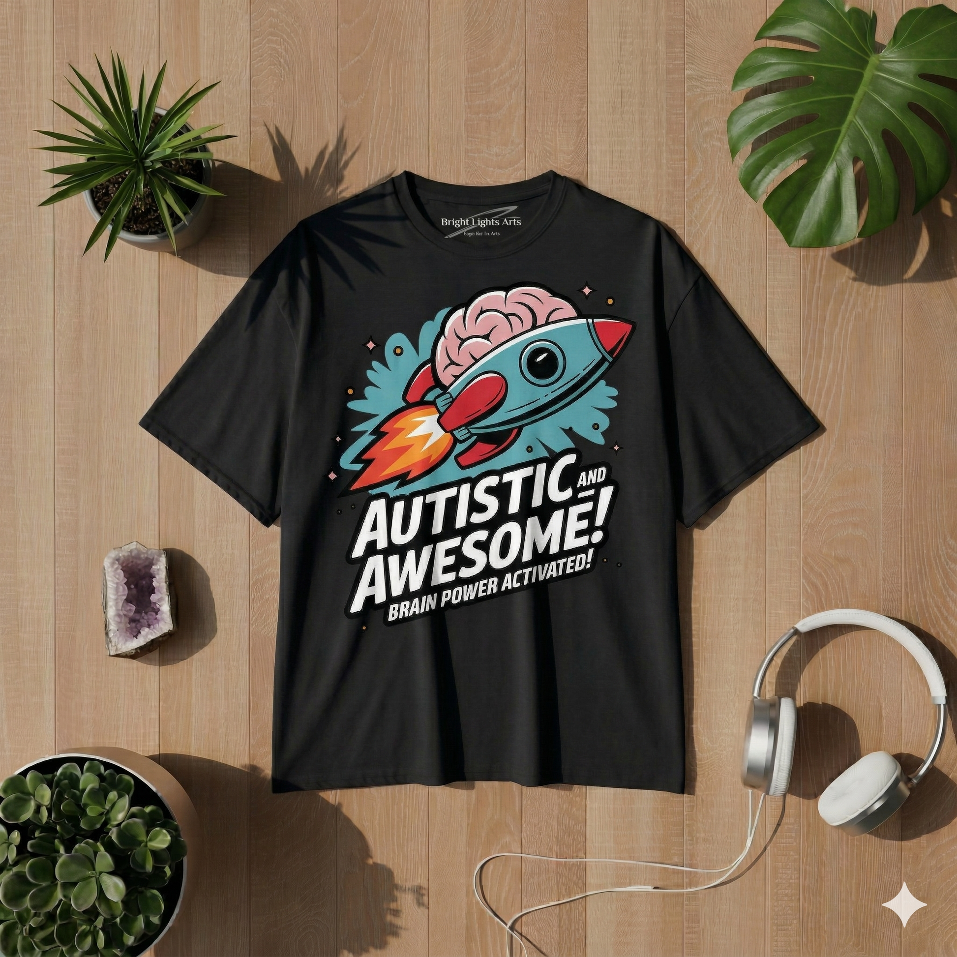 Draufsicht auf ein schwarzes Oversized-T-Shirt, das flach auf einer Holzoberfläche liegt. Auf der Brust befindet sich ein farbenfroher Grafikdruck im Comic-Stil, der eine hellblaue Rakete mit einem rosa Gehirn an der Spitze zeigt. Darunter steht in fetten weißen Großbuchstaben der Text "AUTISTIC AND AWESOME!" und kleiner darunter "BRAIN POWER ACTIVATED!". Das T-Shirt ist von verschiedenen Requisiten umgeben: Oben links eine Topfpflanze, unten links Sukkulenten und ein violetter Kristallstein, rechts ein wei