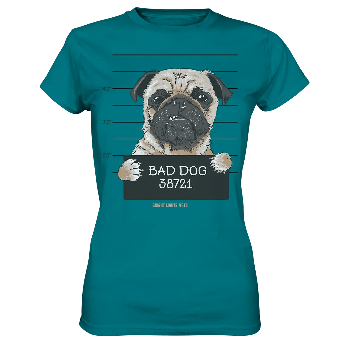 BAD DOG – Humorvolles Mugshot - Design mit Pug - Ladies Premium Shirt - Bright Lights Arts