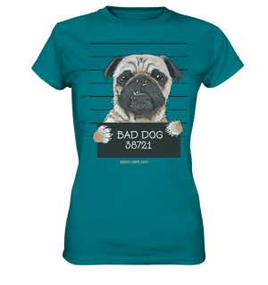 BAD DOG – Humorvolles Mugshot - Design mit Pug - Ladies Premium Shirt - Bright Lights Arts