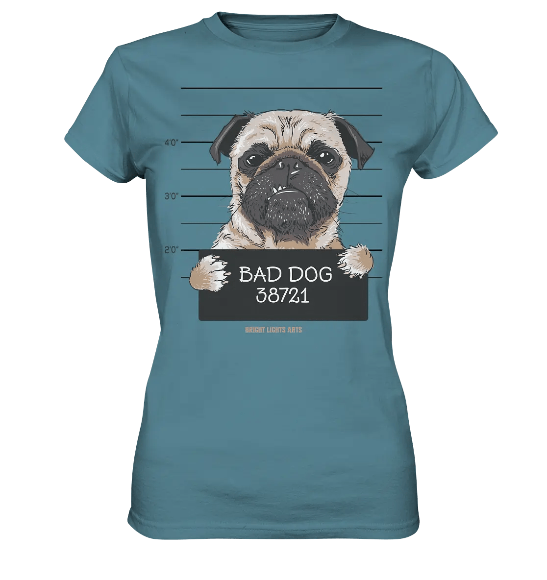 BAD DOG – Humorvolles Mugshot - Design mit Pug - Ladies Premium Shirt - Bright Lights Arts