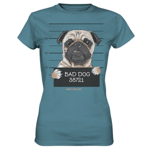 BAD DOG – Humorvolles Mugshot - Design mit Pug - Ladies Premium Shirt - Bright Lights Arts