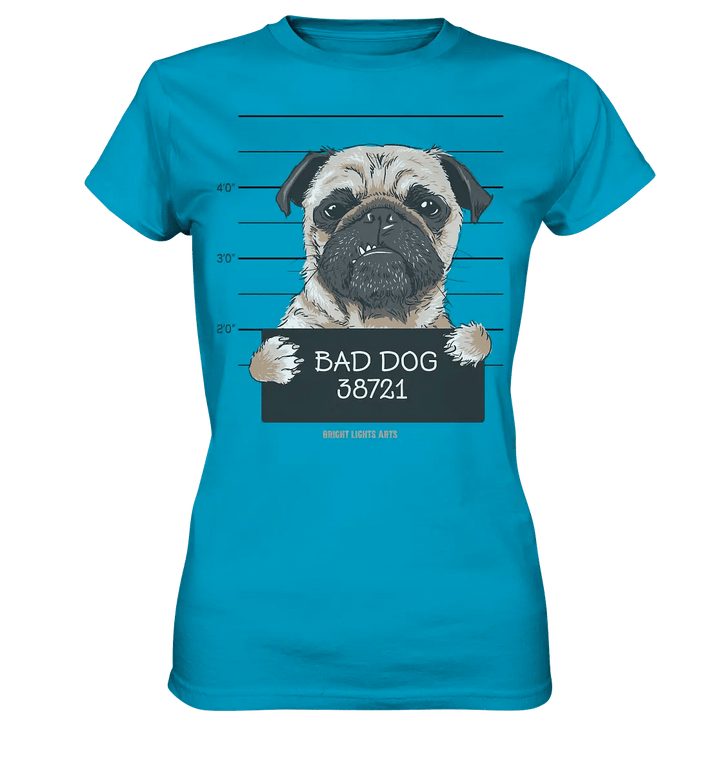 BAD DOG – Humorvolles Mugshot - Design mit Pug - Ladies Premium Shirt - Bright Lights Arts