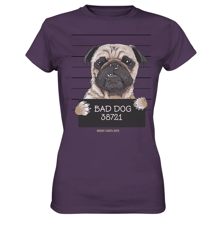 BAD DOG – Humorvolles Mugshot - Design mit Pug - Ladies Premium Shirt - Bright Lights Arts