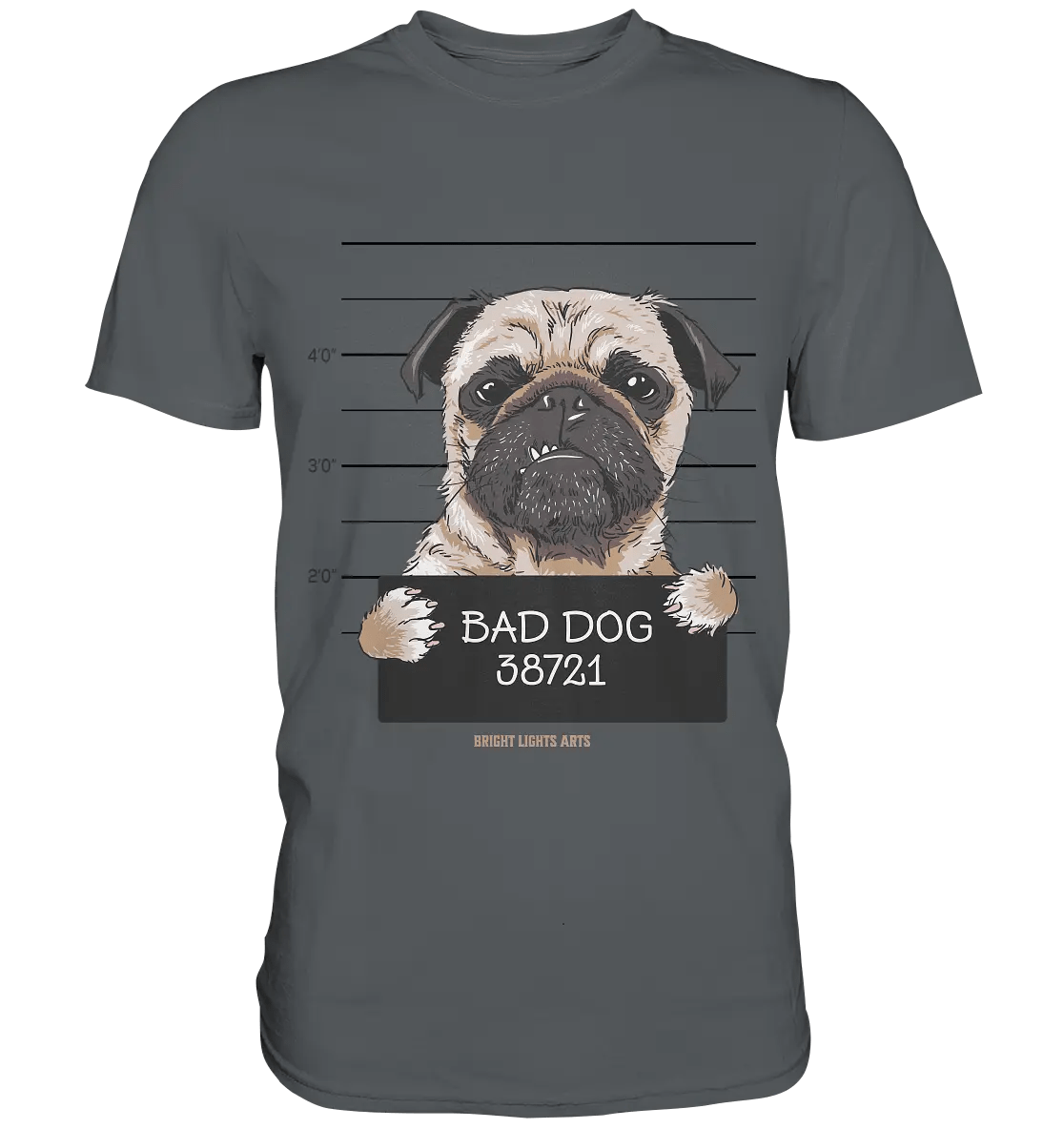 BAD DOG – Humorvolles Mugshot - Design mit Pug - Premium Shirt - Bright Lights Arts