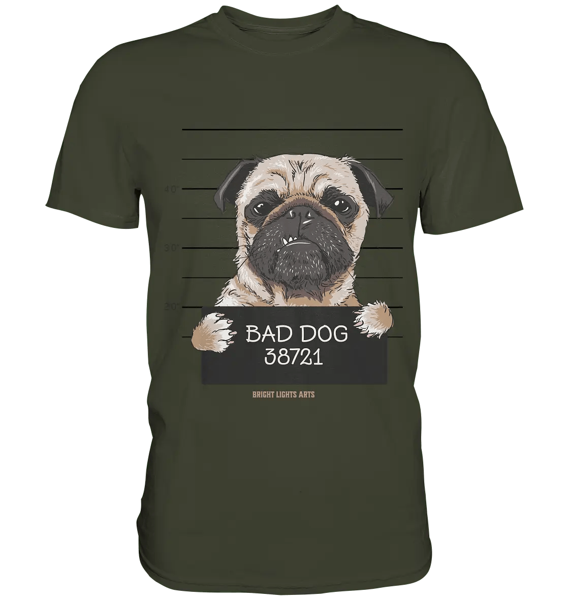 BAD DOG – Humorvolles Mugshot - Design mit Pug - Premium Shirt - Bright Lights Arts