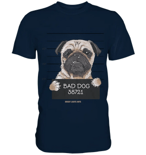 BAD DOG – Humorvolles Mugshot - Design mit Pug - Premium Shirt - Bright Lights Arts