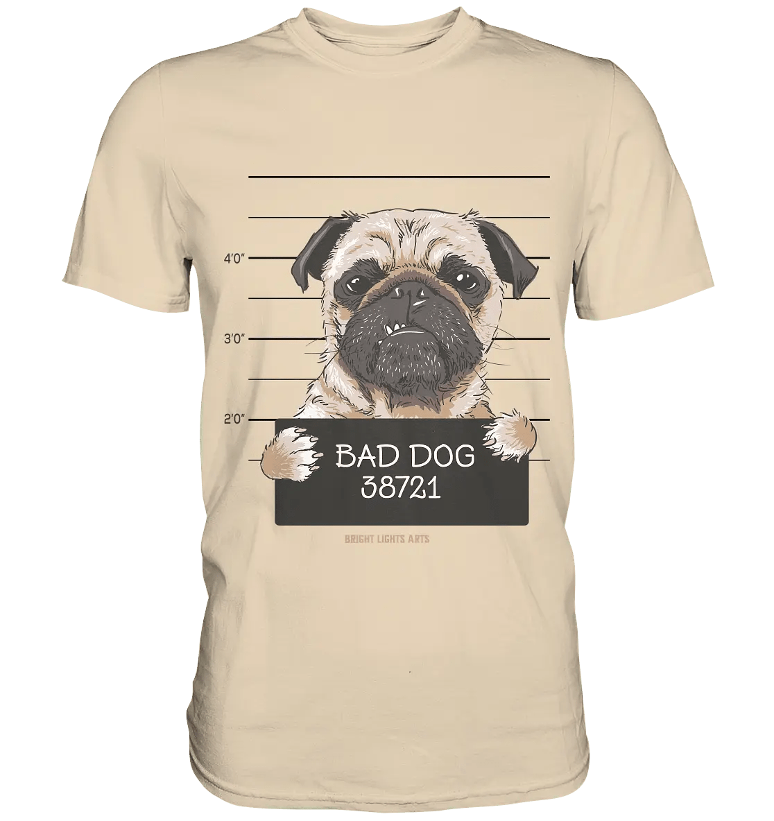 BAD DOG – Humorvolles Mugshot - Design mit Pug - Premium Shirt - Bright Lights Arts