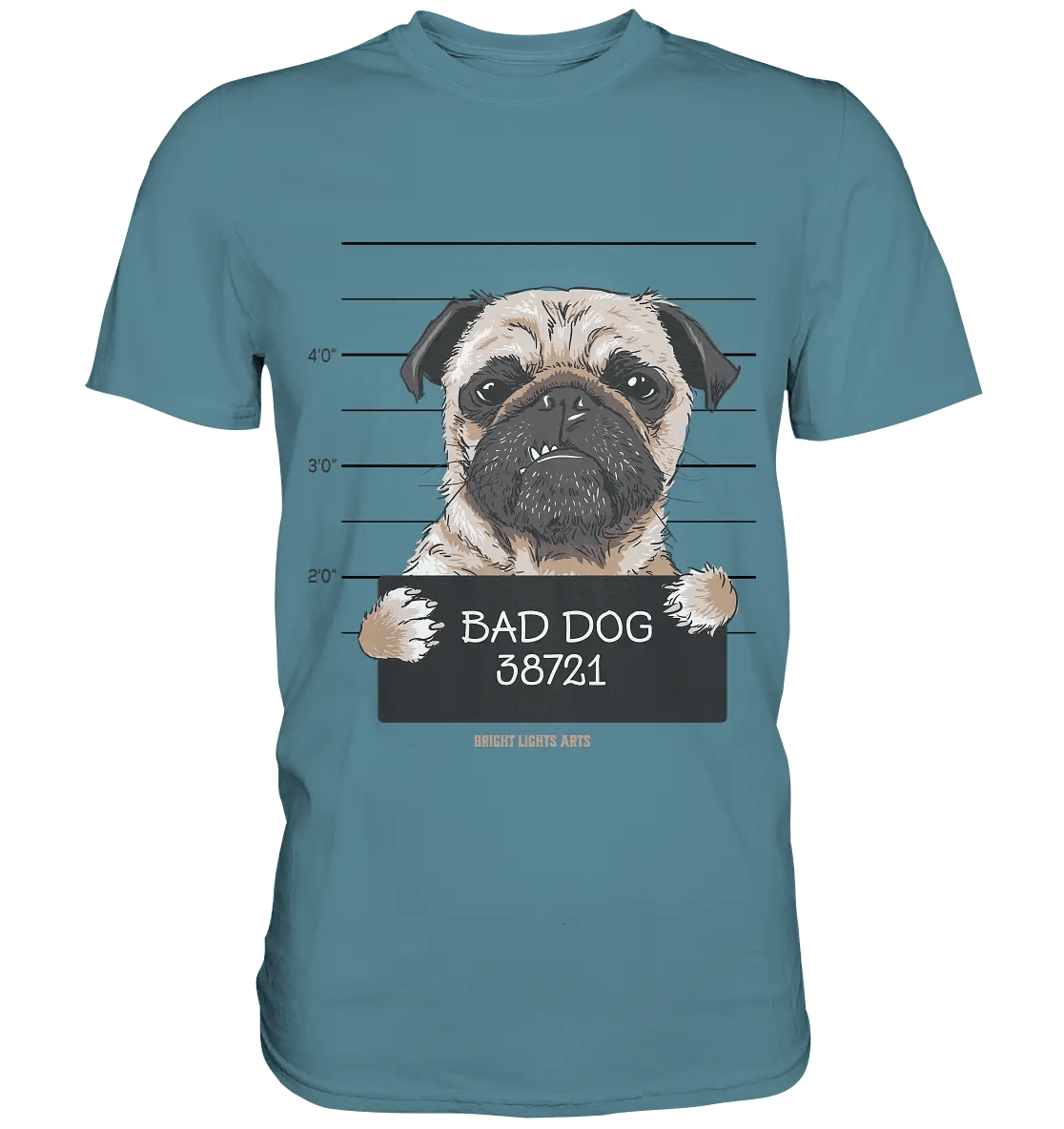 BAD DOG – Humorvolles Mugshot - Design mit Pug - Premium Shirt - Bright Lights Arts