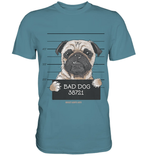 BAD DOG – Humorvolles Mugshot - Design mit Pug - Premium Shirt - Bright Lights Arts