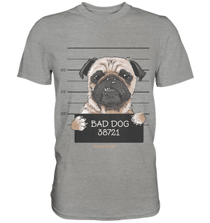 BAD DOG – Humorvolles Mugshot - Design mit Pug - Premium Shirt - Bright Lights Arts