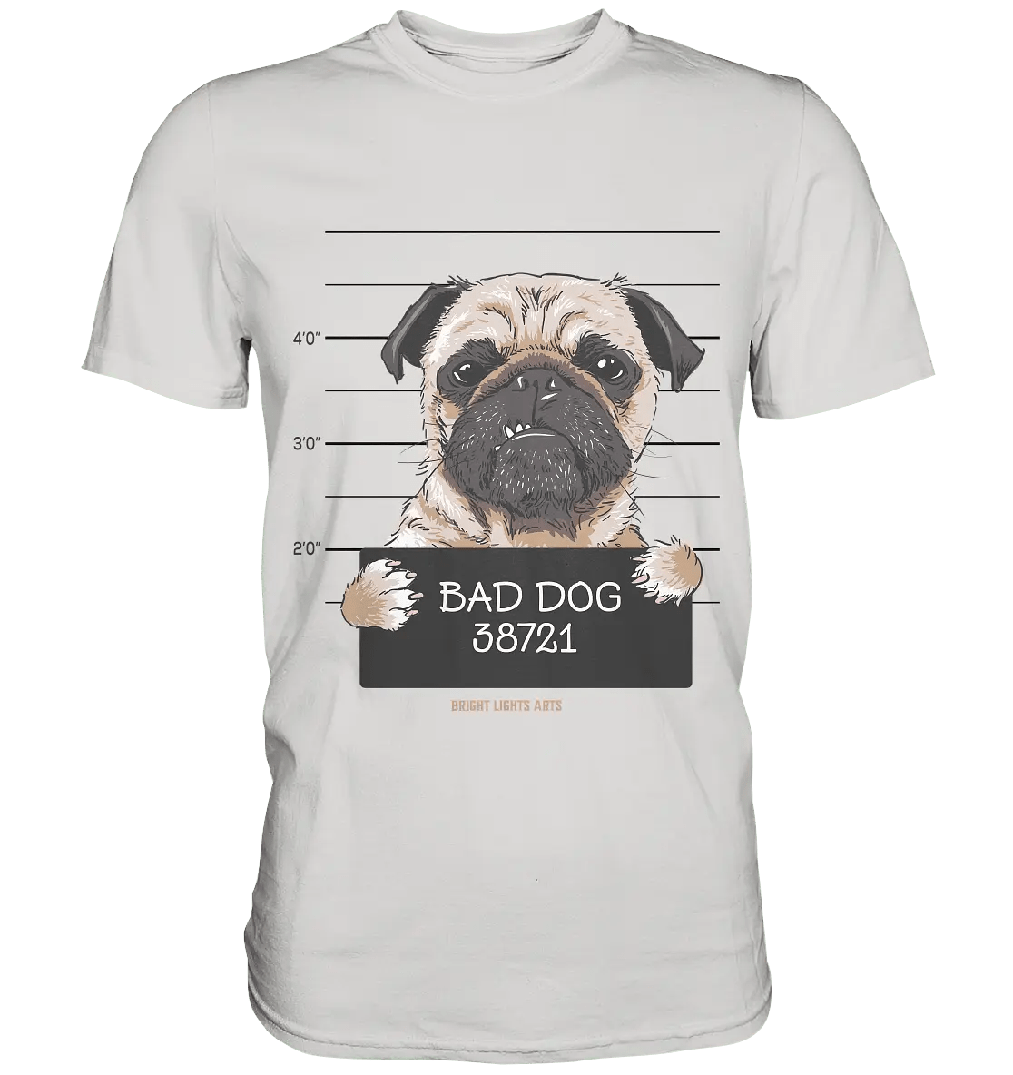 BAD DOG – Humorvolles Mugshot - Design mit Pug - Premium Shirt - Bright Lights Arts