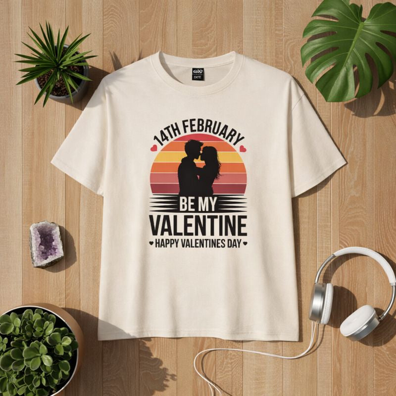 Be My Valentine Damen Organic Shirt von Bright Light Arts mit romantischem Paar-Motiv vor Sonnenuntergang, liebevolles Valentinstag Design auf hellem Shirt.