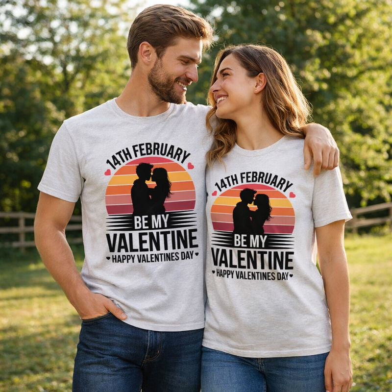 Inniger Moment eines verliebten Paares als schwarze Silhouette vor retrofarbenem Sonnenuntergang mit Schriftzug „Be My Valentine – Happy Valentine’s Day“ auf hellem Premium T-Shirt von Bright Light Arts.