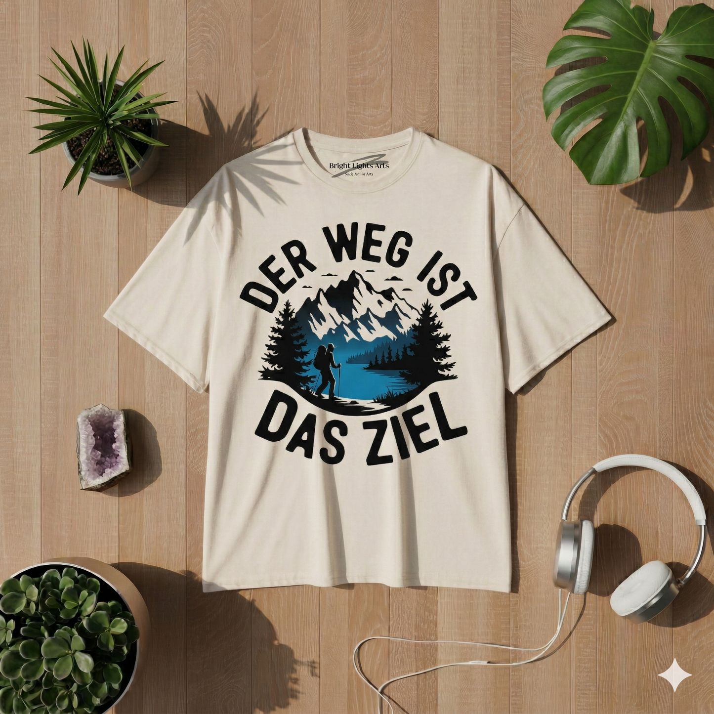 Draufsicht auf ein beiges Oversized-T-Shirt mit einem runden Print, der einen Wanderer vor Bergen und einem See zeigt, umgeben von dem Text „DER WEG IST DAS ZIEL“. Das T-Shirt liegt auf einem hellen Holzboden, umgeben von zwei Sukkulenten-Töpfen, einem Monstera-Blatt, einem Amethyst-Geodenstück und weißen Kopfhörern.
