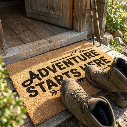 Rustikale Outdoor-Fußmatte mit dem Aufdruck Adventure starts here vor einer Haustür im hellen Sonnenlicht.