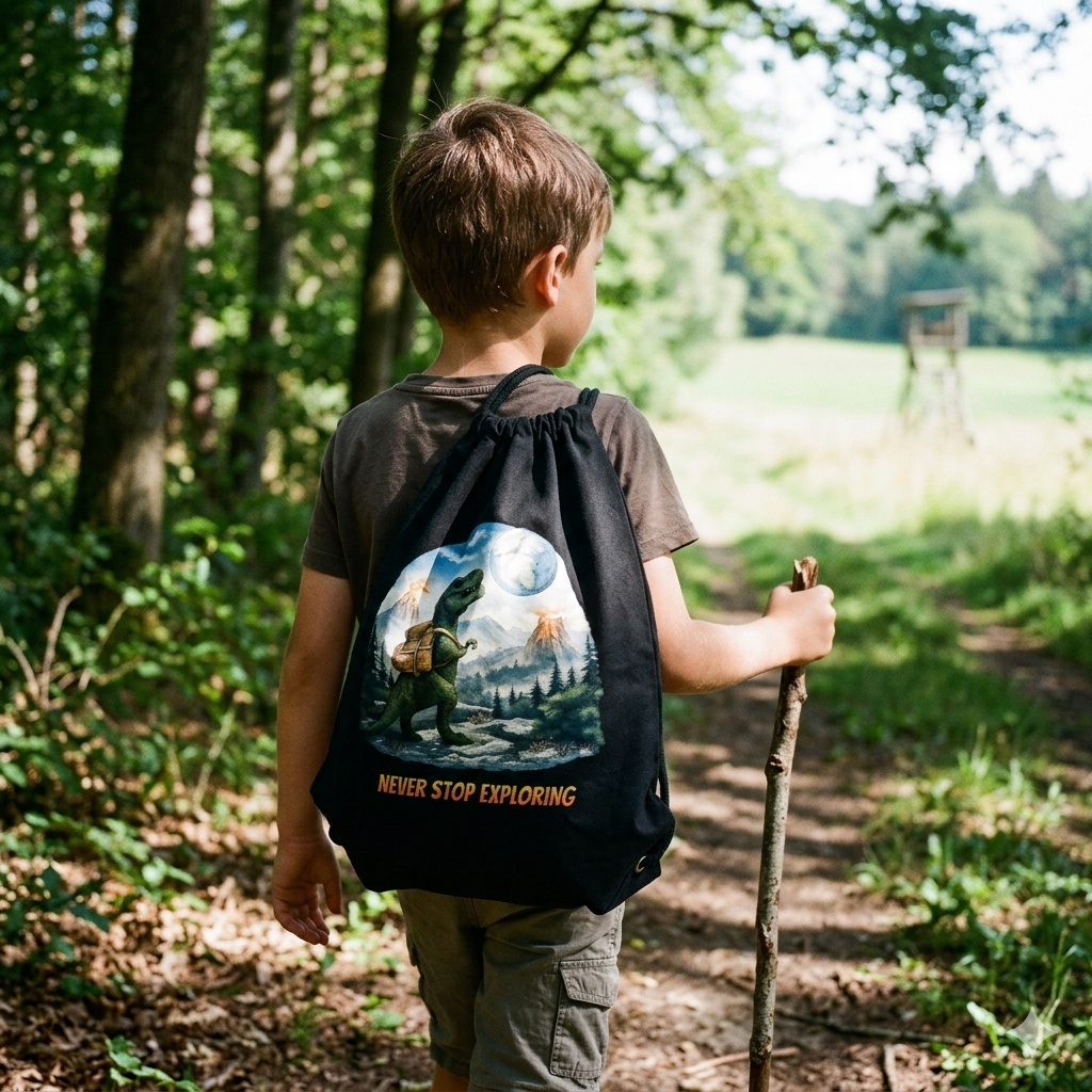 Kind mit schwarzem T-Rex Gym Bag auf dem Rücken beim Wandern im Sonnenlicht; das leuchtende Motiv ist klar erkennbar.