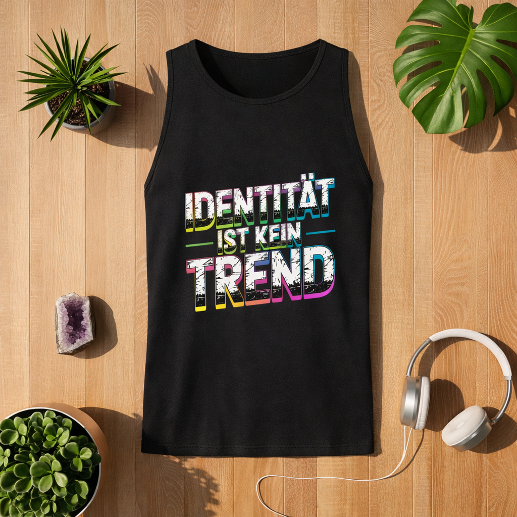 Schwarzes Herren Tank Top mit Aufdruck „Identität ist kein Trend“ im Bright Lights Arts Mockup auf Holzuntergrund mit Pflanzen und Kopfhörern