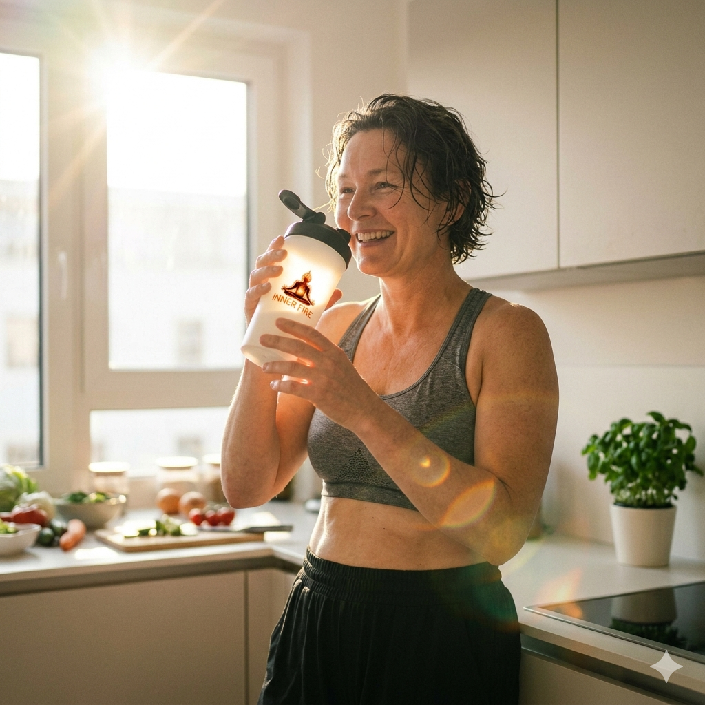 Weißer Fitness-Shaker mit Inner Fire Design auf einer sonnendurchfluteten Terrasse; helle Lichtstrahlen betonen die Reinheit des Designs.