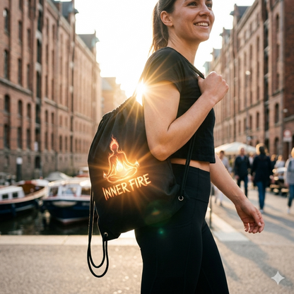 Frau trägt den schwarzen Inner Fire Gym Bag in einer sonnendurchfluteten Stadt; Sonnenstrahlen lassen das Design intensiv leuchten.