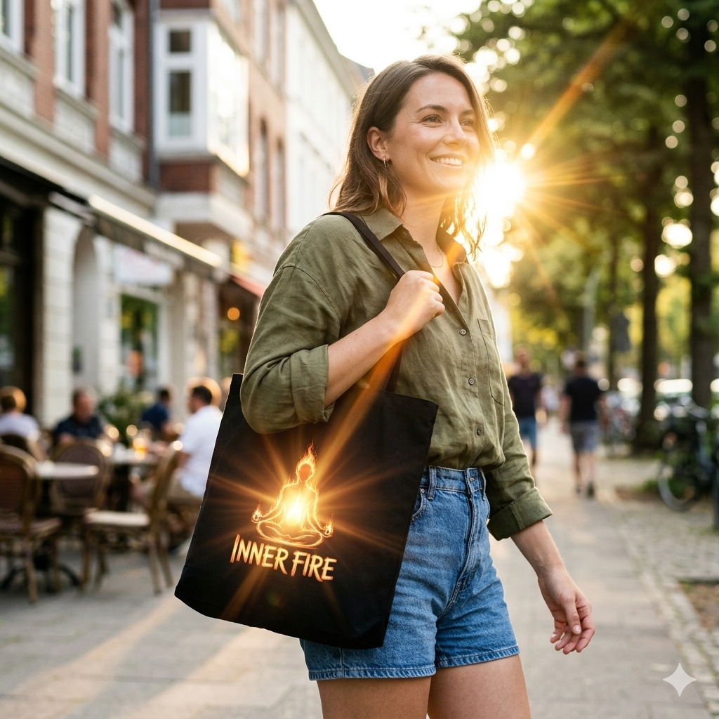 Frau trägt den schwarzen Inner Fire Jutebeutel über der Schulter in der Hamburger Sonne; helle Sonnenblitzer lassen das Design strahlen.