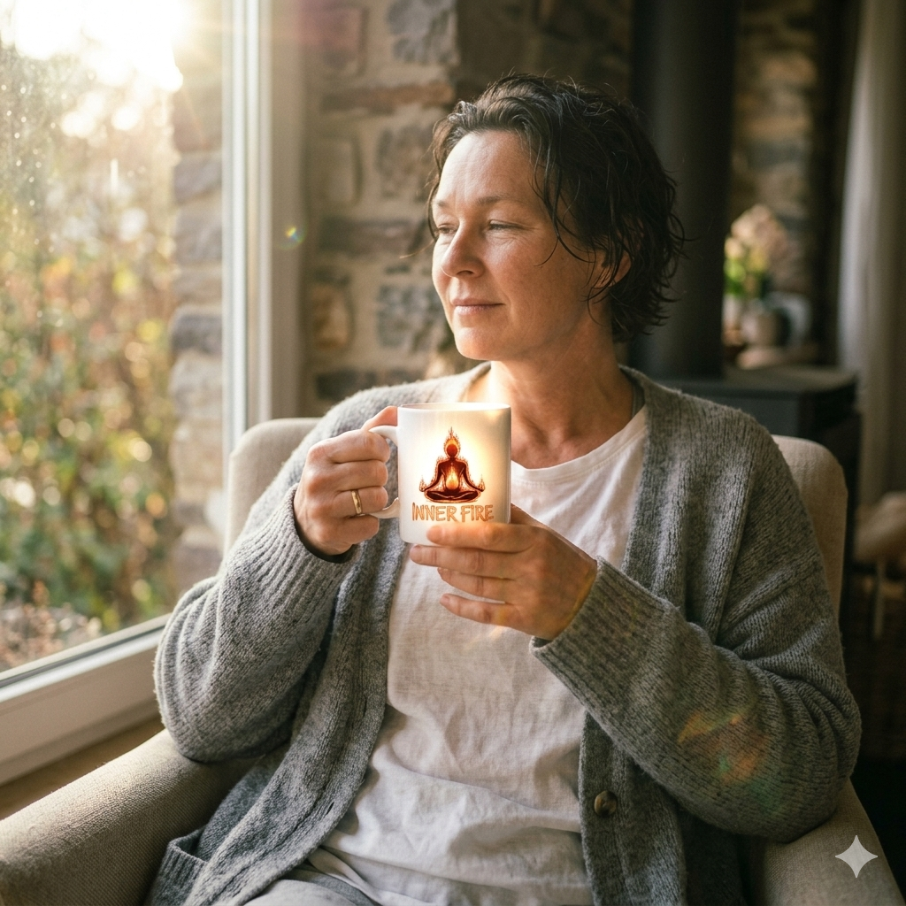 Weiße Keramiktasse mit Inner Fire Design auf einem sonnendurchfluteten Tisch; Sonnenstrahlen bringen das Motiv zum Leuchten.