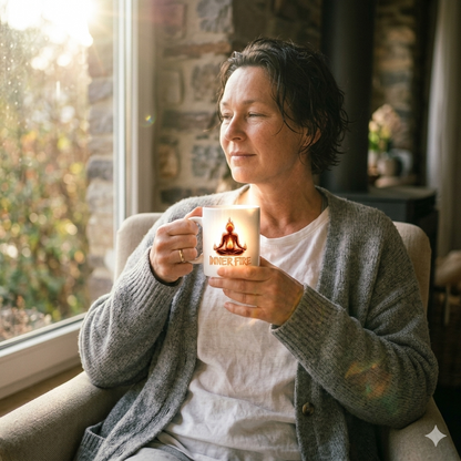 Weiße Keramiktasse mit Inner Fire Design auf einem sonnendurchfluteten Tisch; Sonnenstrahlen bringen das Motiv zum Leuchten.
