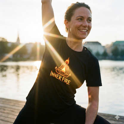 Frau im schwarzen Sport-Funktionsshirt beim Workout in der Morgensonne; das Design leuchtet durch Lichtreflexionen intensiv.