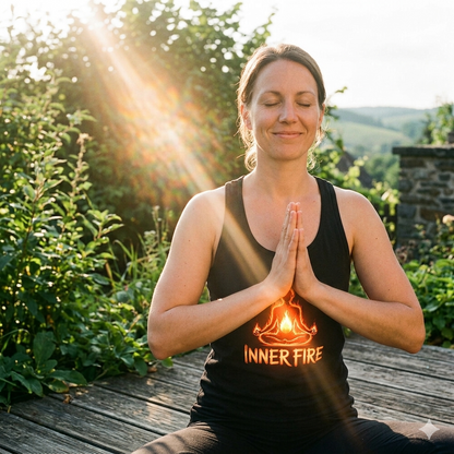 Frau im schwarzen Yoga Tanktop in einem sonnigen Garten; Sonnenstrahlen bringen das Feuer-Design zum Strahlen