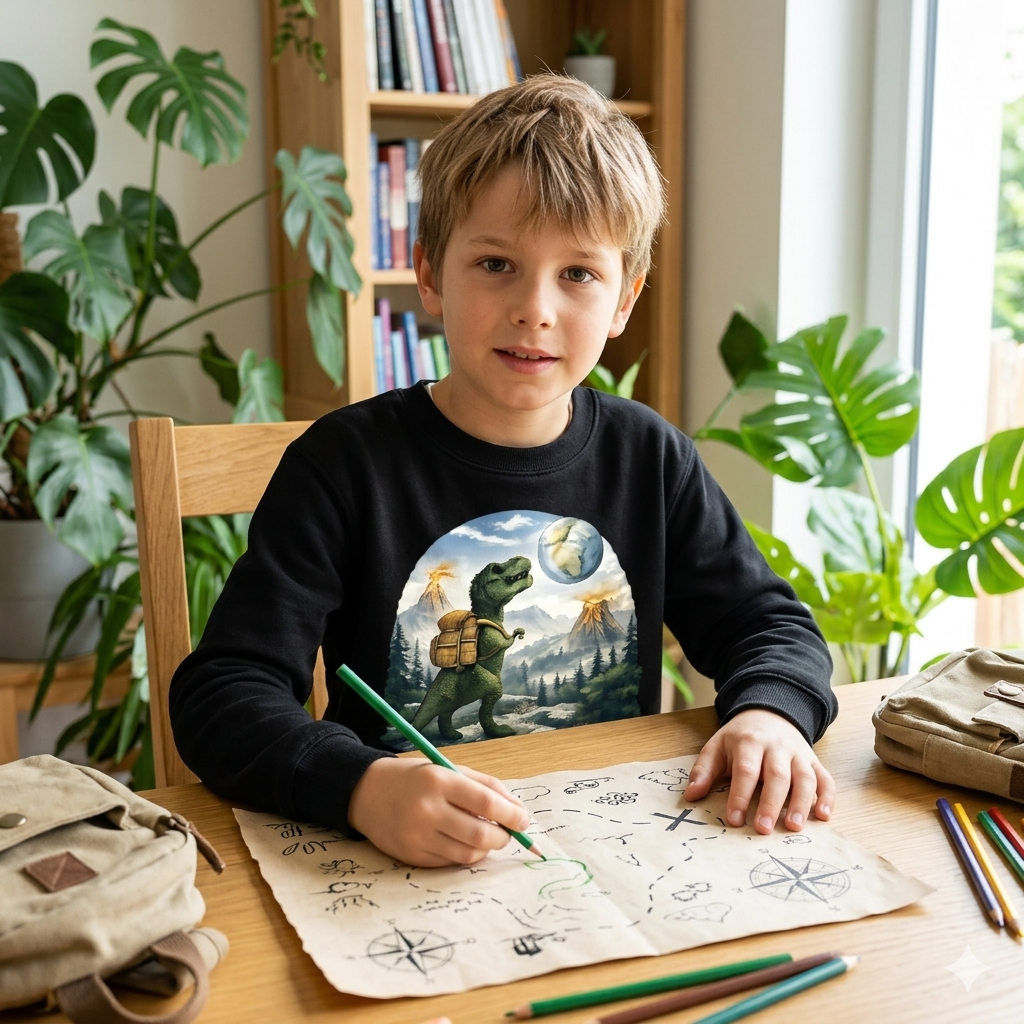 Kind im schwarzen Sweatshirt mit detailliertem T-Rex Entdecker-Motiv; helles Licht betont die leuchtenden Farben des Designs