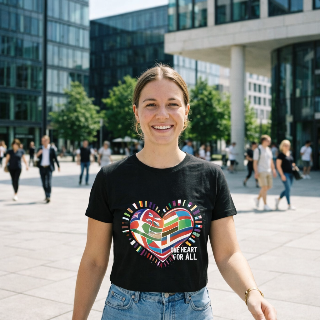 Frau im schwarzen Cropped Tee mit buntem Flaggen-Herz; helles Sonnenlicht lässt das Design energetisch pulsieren