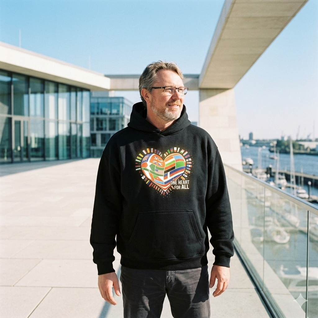 Person im schweren schwarzen Oversized Hoodie mit buntem Flaggen-Herz; helles Sonnenlicht lässt das Design energetisch pulsieren