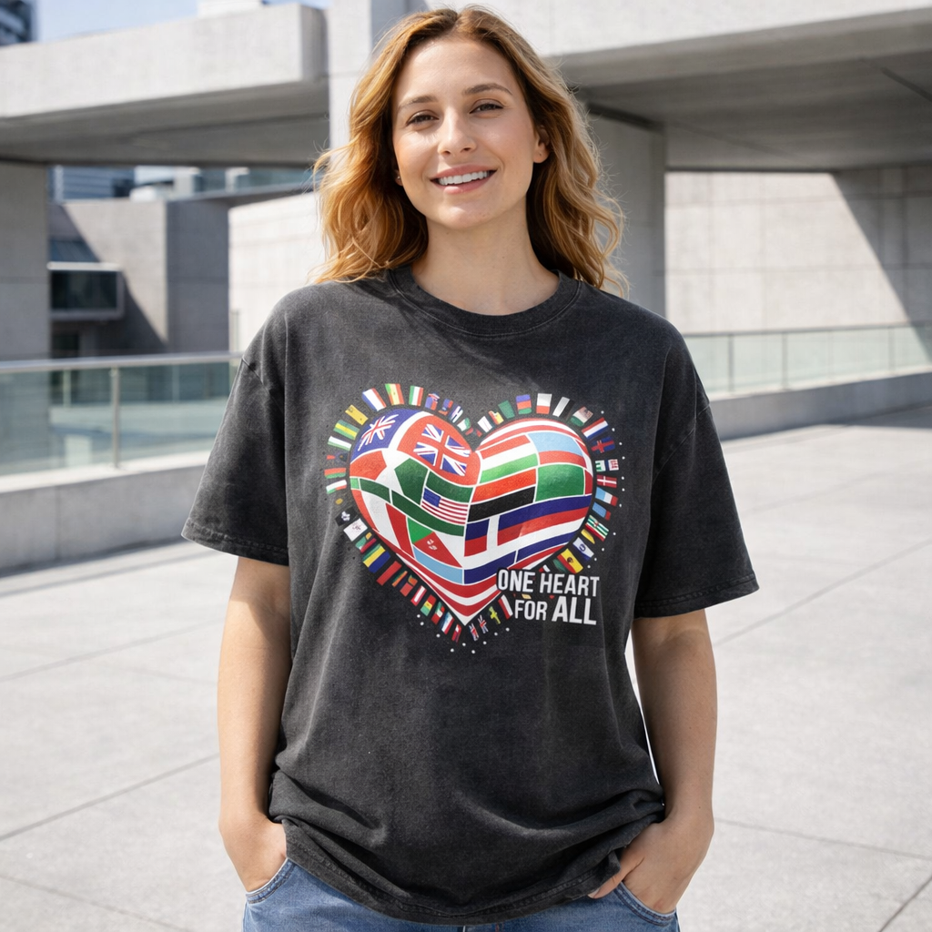 Person trägt oversized Washed Black Shirt mit Flaggen-Herz „One Heart for All“ Motiv auf modernem Rooftop bei hellem Tageslicht, klare Architektur und sichtbare Stoffstruktur.